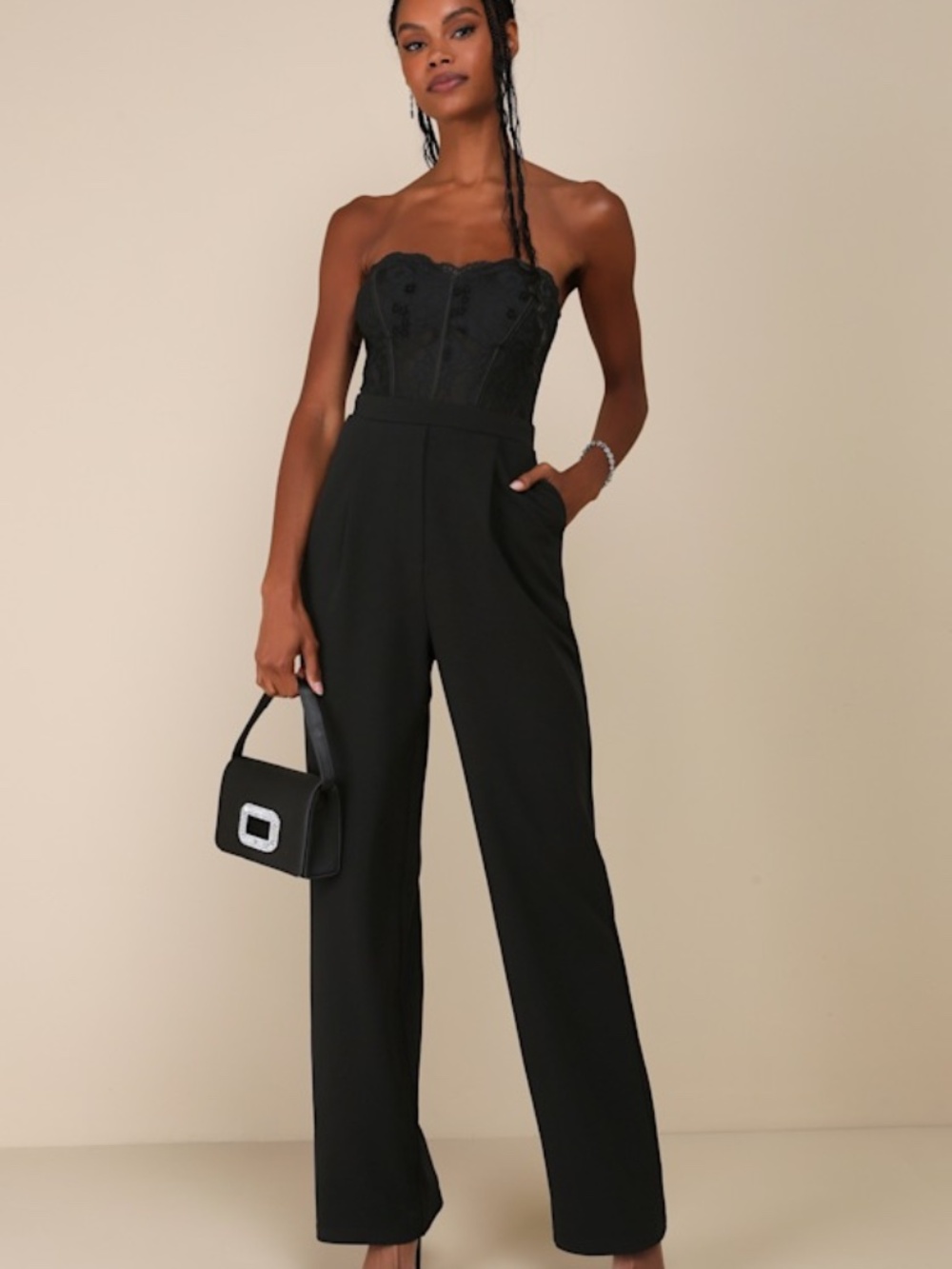 Lulus Positively Impressive Black Lace Strapless Bustier Jumpsuit - Size L